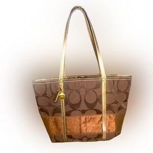 Y2K Vintage Coach Womens Signature Brown Bronze Canvas Leather Tote Handbag